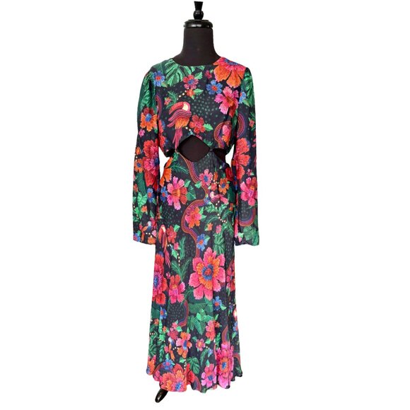 FARM Rio Black Blooming Garden Lenzin Ecovero Viscose Midi Dress Size M - Picture 4 of 16